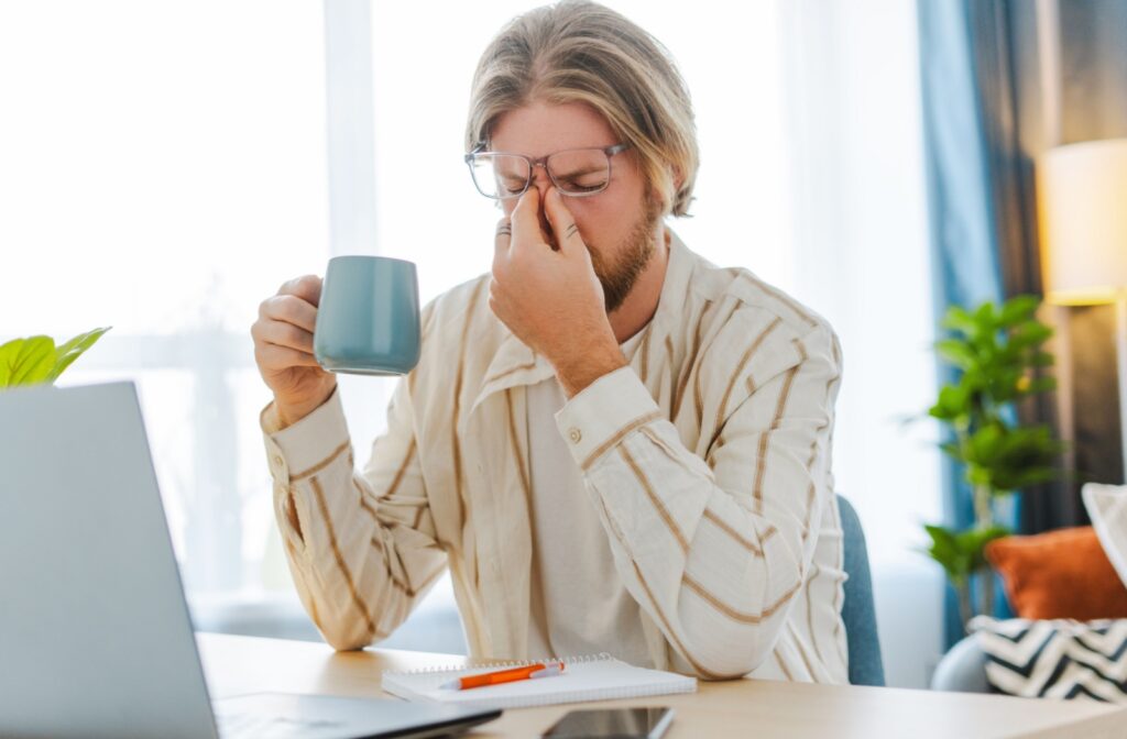 A man sitting at a desk with a laptop, holding a mug in one hand and rubbing the bridge of his nose with the other, experiencing eye strain.