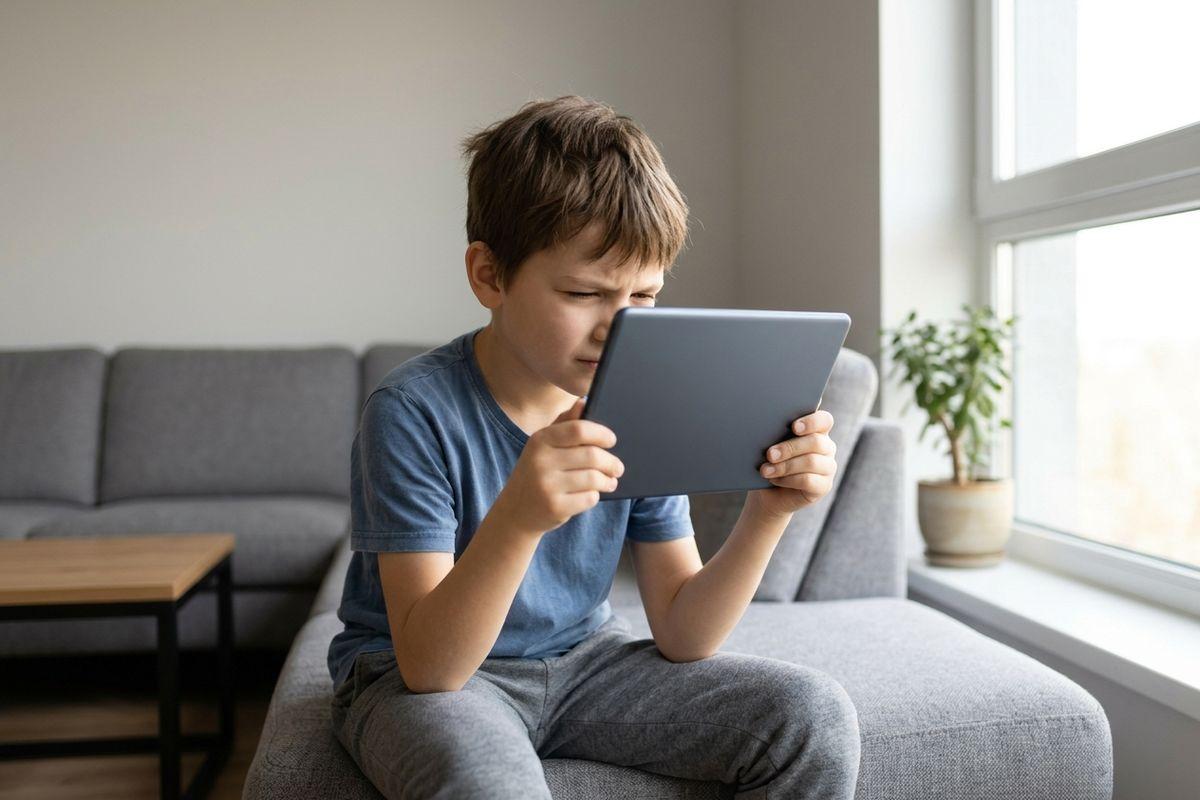 A child sitting on a gray sofa, holding a tablet close to their face and squinting at the screen.