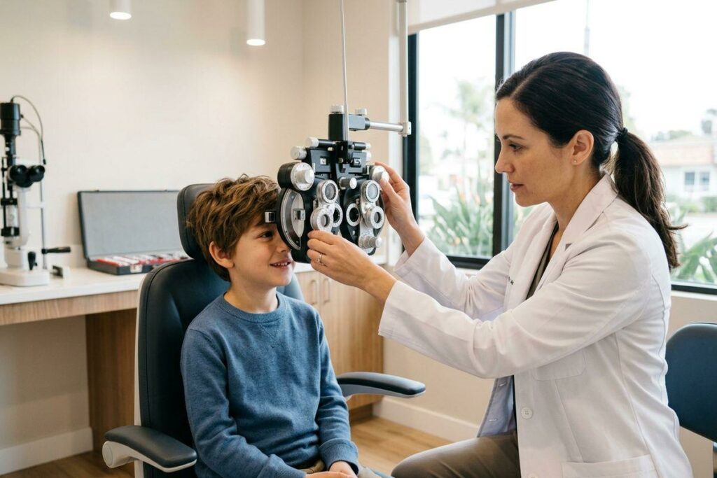 An optometrist adjusts a phoropter while a smiling child looks through it during an eye exam in a brightly lit clinic.