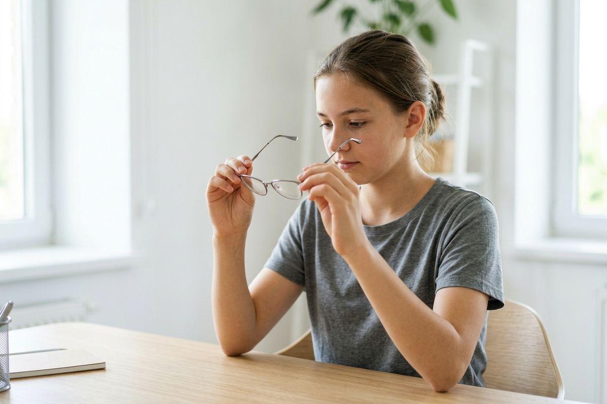 A focused kid sitting at a desk in a bright room holding eyeglasses in both hands, looking down at them.