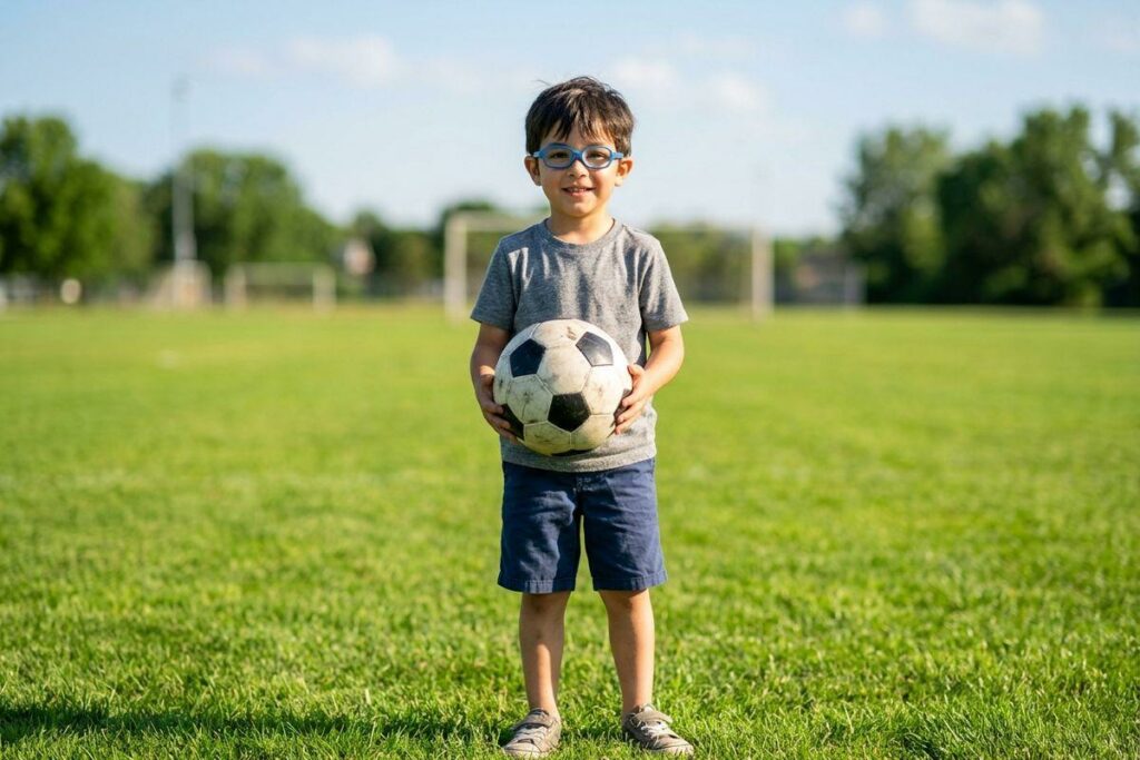 A smiling child wearing blue glasses stands on a grassy field holding a soccer ball.