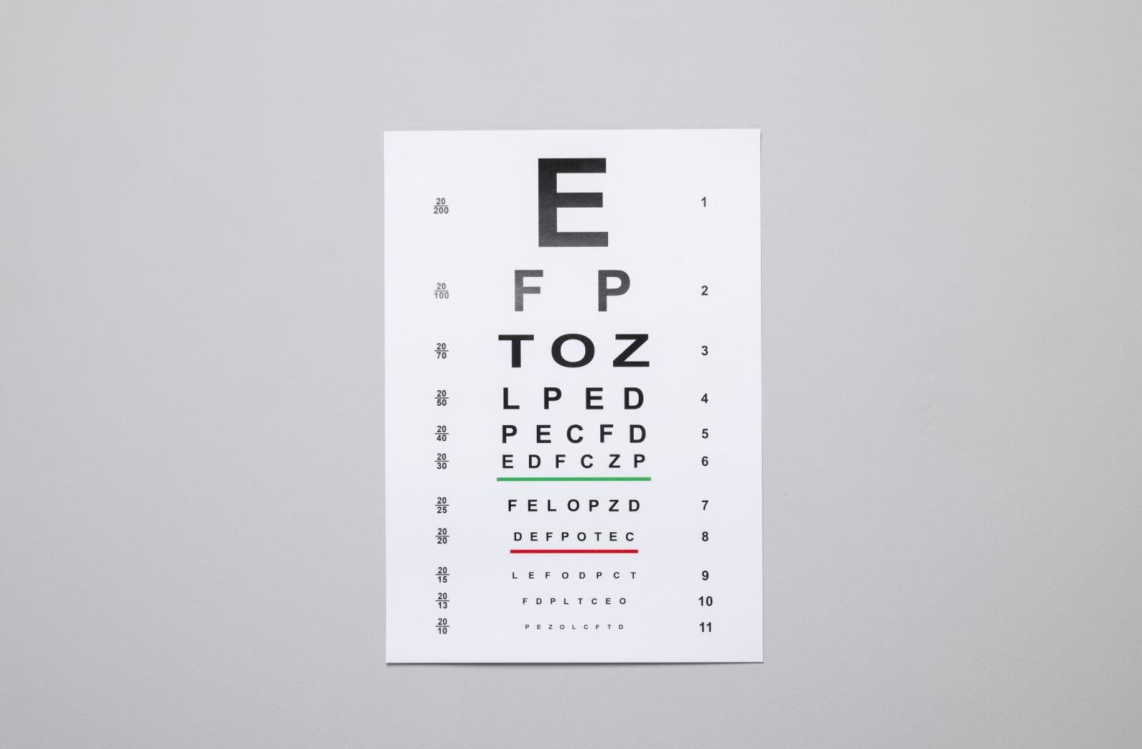 A view of a Snellen eye chart at an optometrist's office.