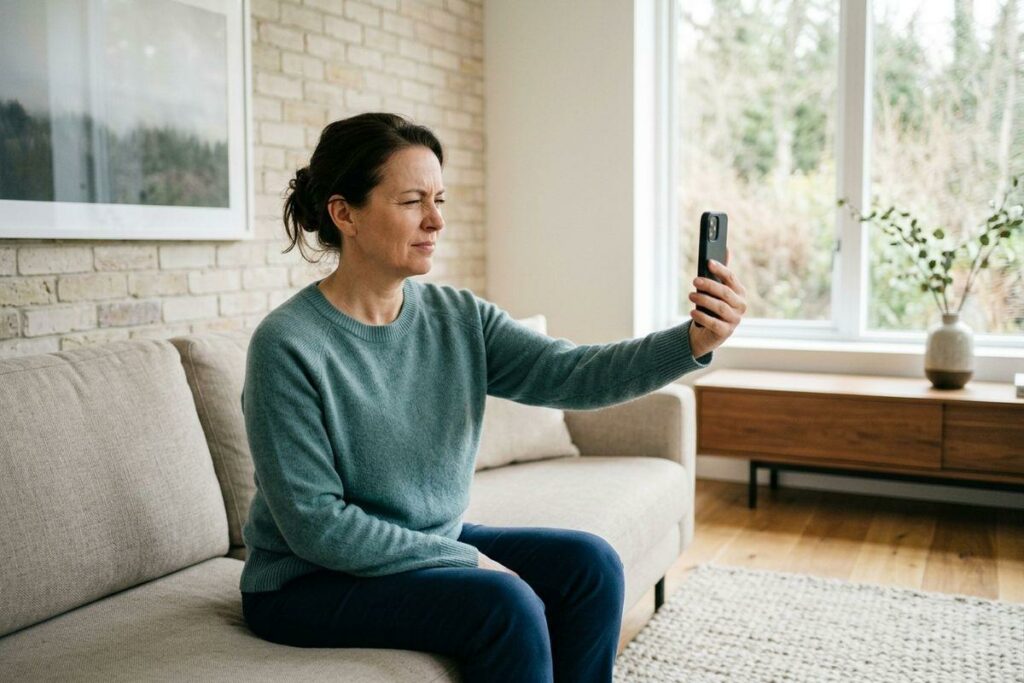 An adult sitting on a sofa in a living room, holding a smartphone out and squinting at the screen.