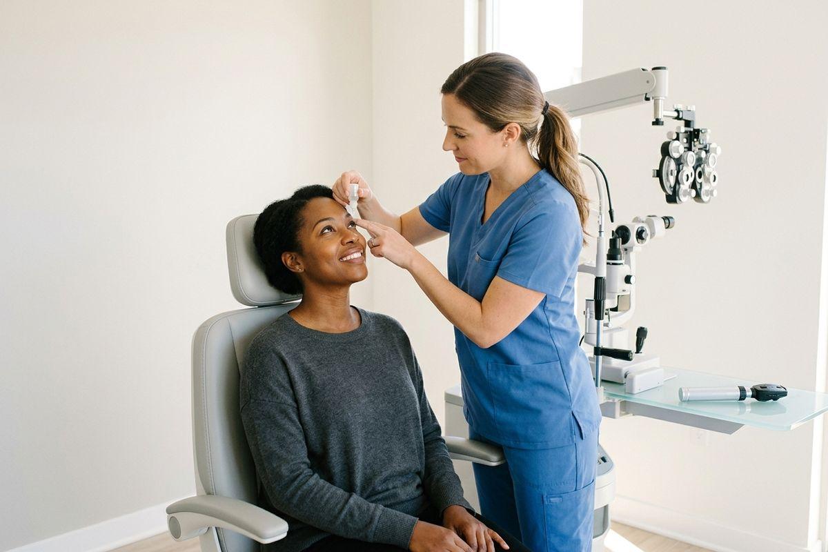 An optometrist administers eye drops to a smiling adult patient seated in an eye clinic exam chair.
