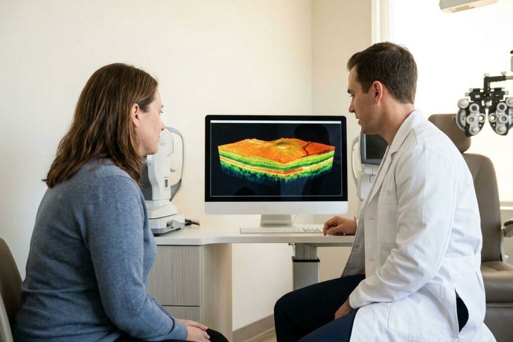 An optometrist and an adult patient sit in an eye exam room, looking at a 3D color scan displayed on a computer monitor.